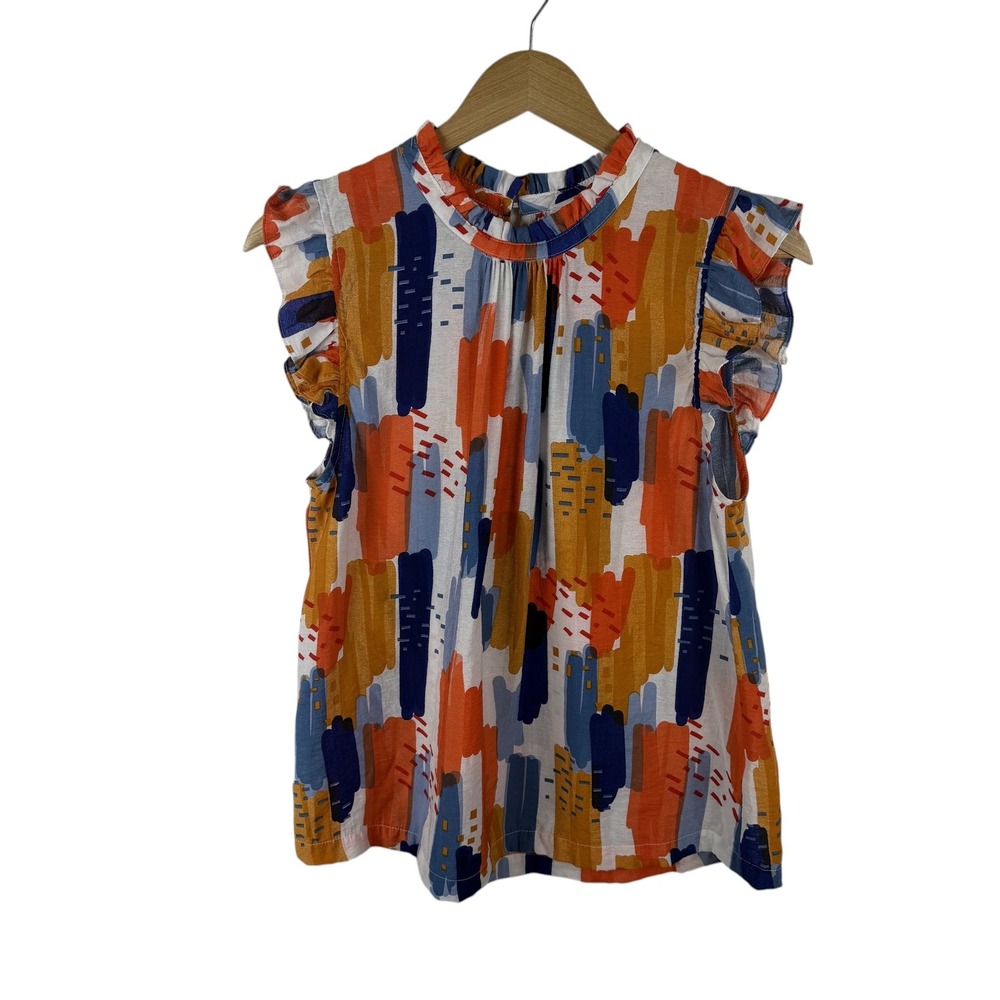 THML Abstract Brushstroke Ruffle Sleeveless Top Medium Multicolor Bright Artsy - Picture 2 of 9